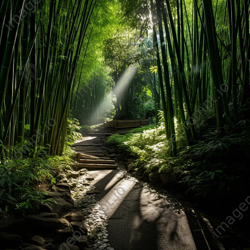 Winding path through a dense bamboo forest under sunlight - Image 4