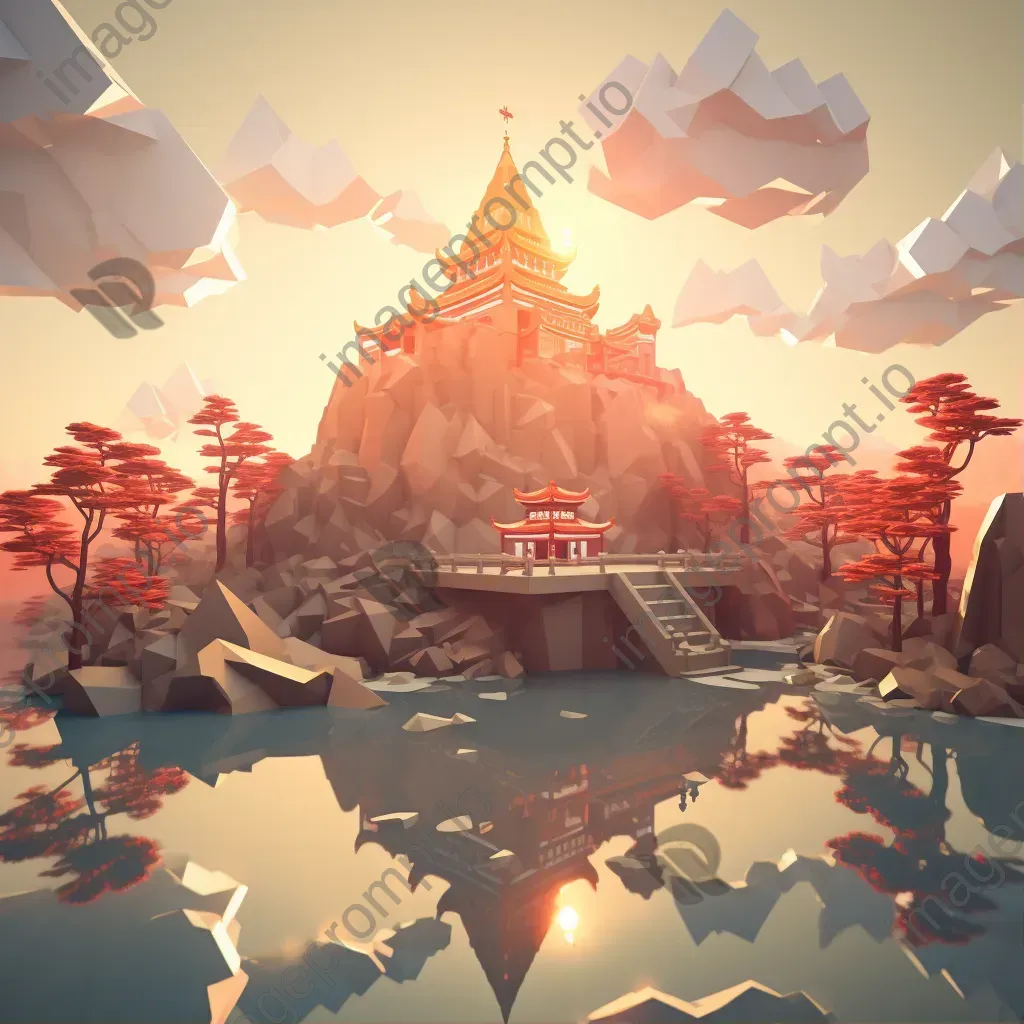 Low poly depiction of a serene mountaintop temple at sunrise - Image 1