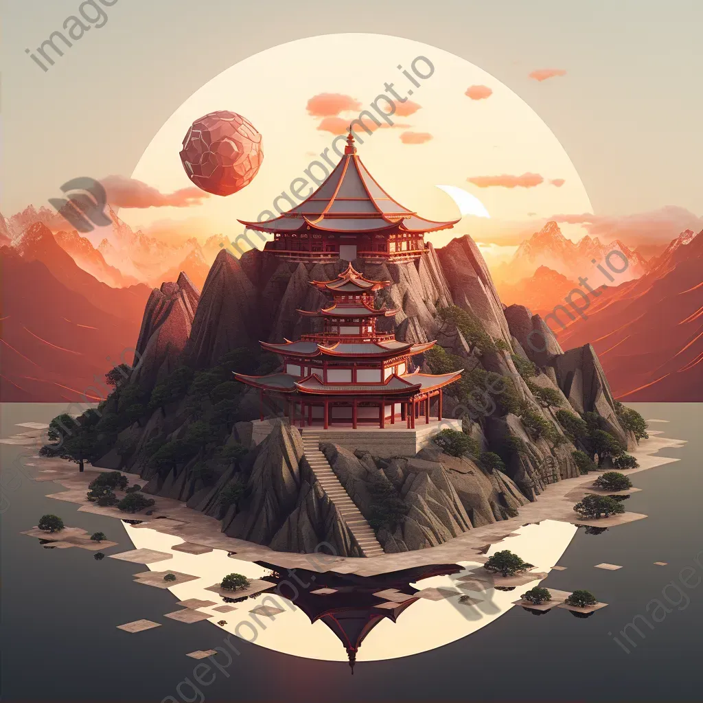 Low poly depiction of a serene mountaintop temple at sunrise - Image 2