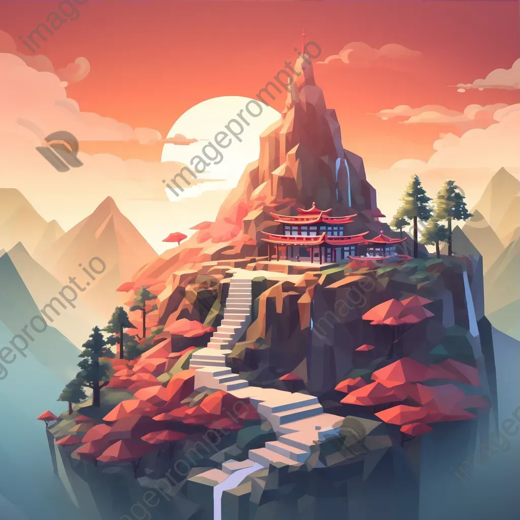 Low poly depiction of a serene mountaintop temple at sunrise - Image 3