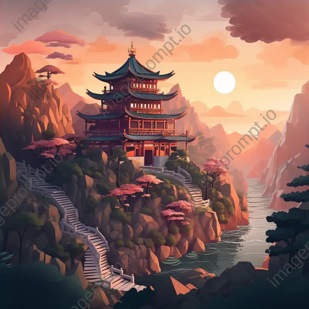 Low poly depiction of a serene mountaintop temple at sunrise - Image 4