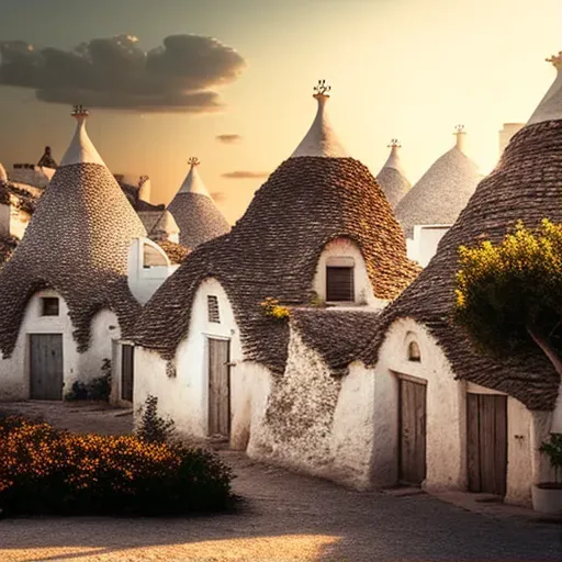 Image of Alberobello trulli with conical roofs and whitewashed walls in sunset light - Image 1