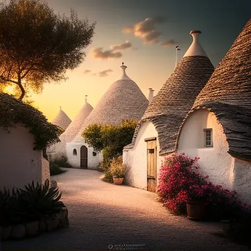 Image of Alberobello trulli with conical roofs and whitewashed walls in sunset light - Image 2