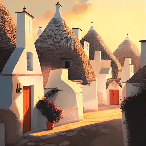 Image of Alberobello trulli with conical roofs and whitewashed walls in sunset light - Image 3