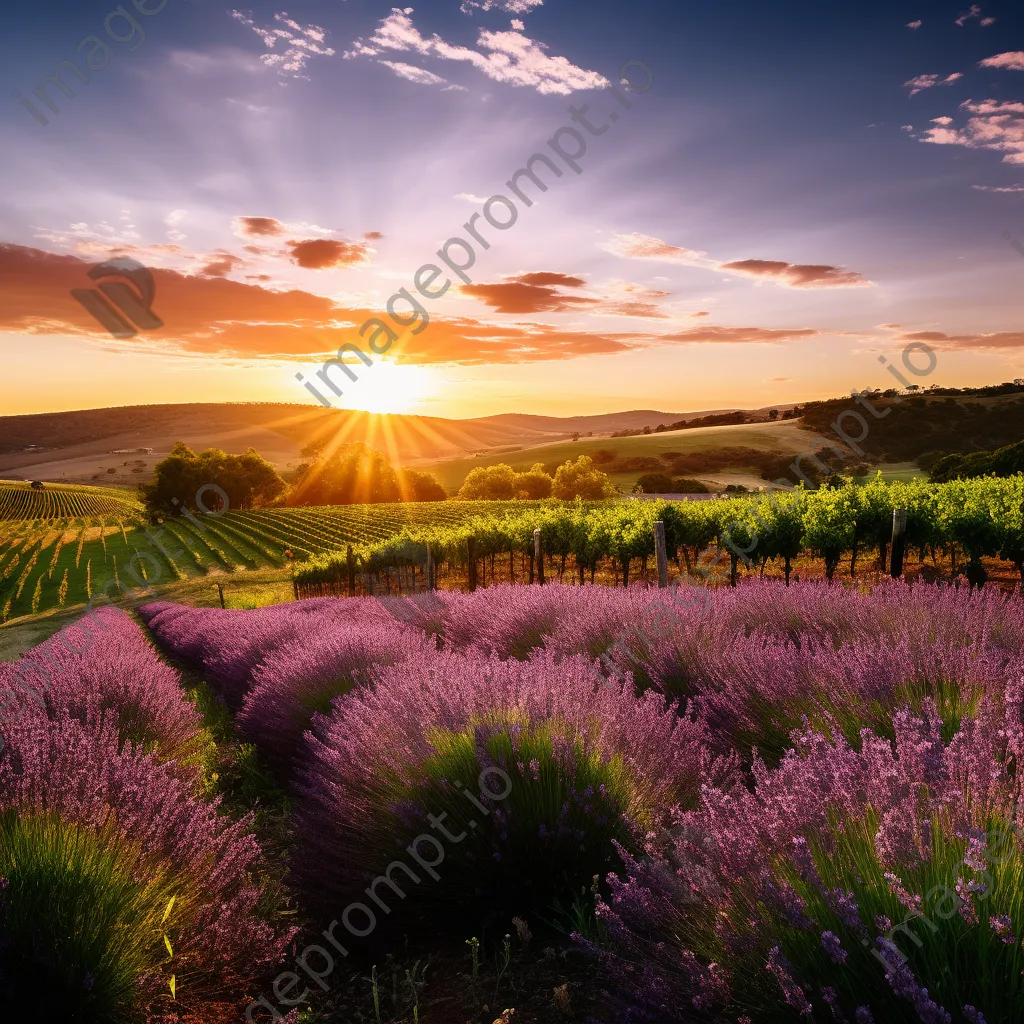 Vineyard next to lavender fields under golden hour light. - Image 1