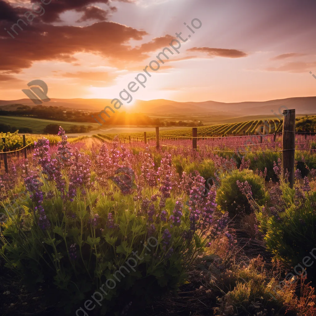 Vineyard next to lavender fields under golden hour light. - Image 2