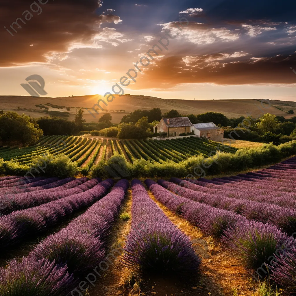 Vineyard next to lavender fields under golden hour light. - Image 3