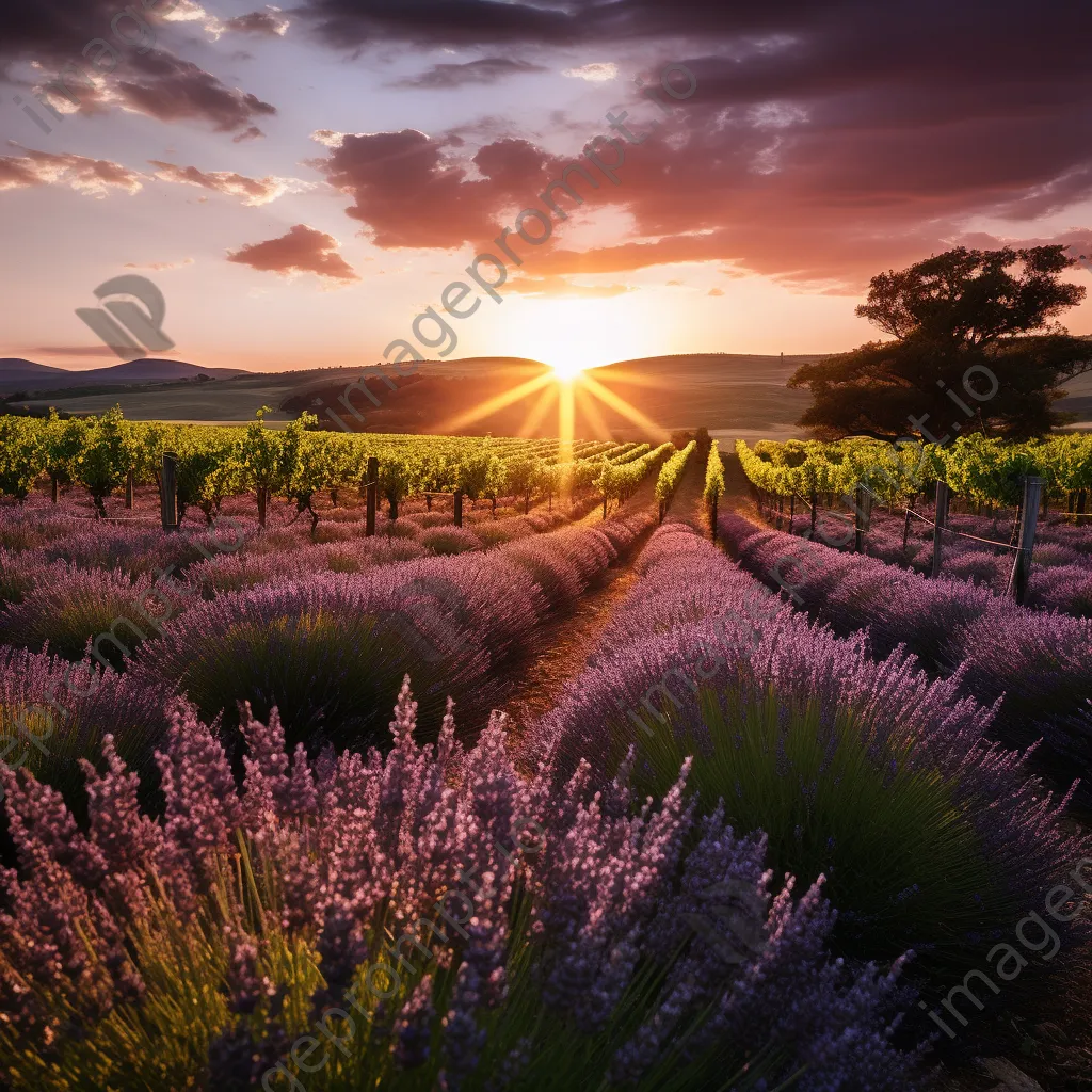 Vineyard next to lavender fields under golden hour light. - Image 4