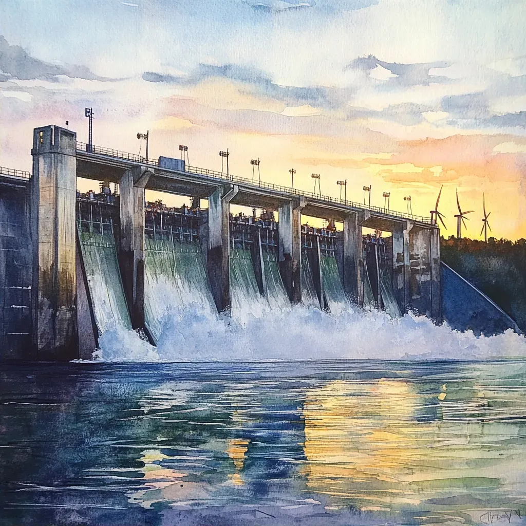 Colossal dam at sunrise, watercolor painting reflecting Monet