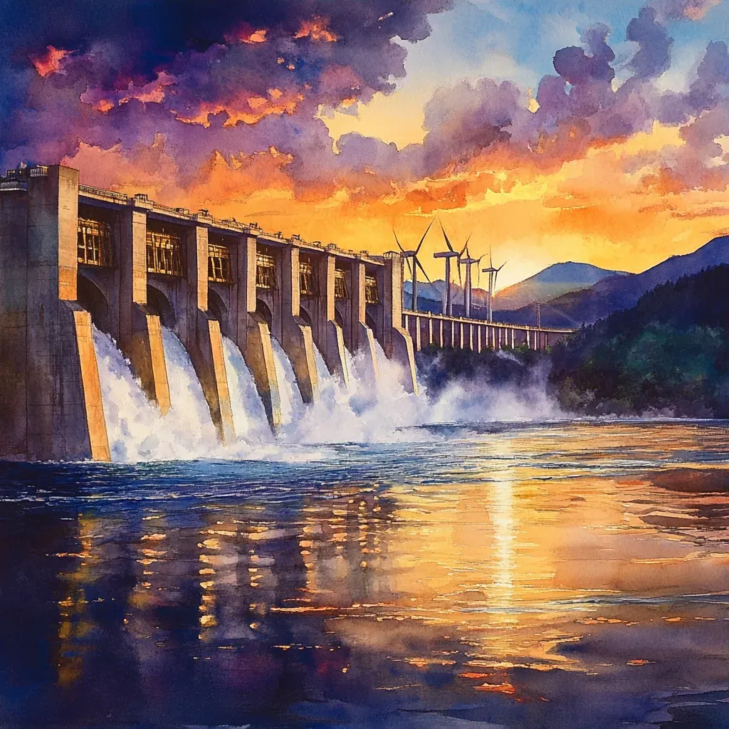 Colossal dam at sunrise, watercolor painting reflecting Monet