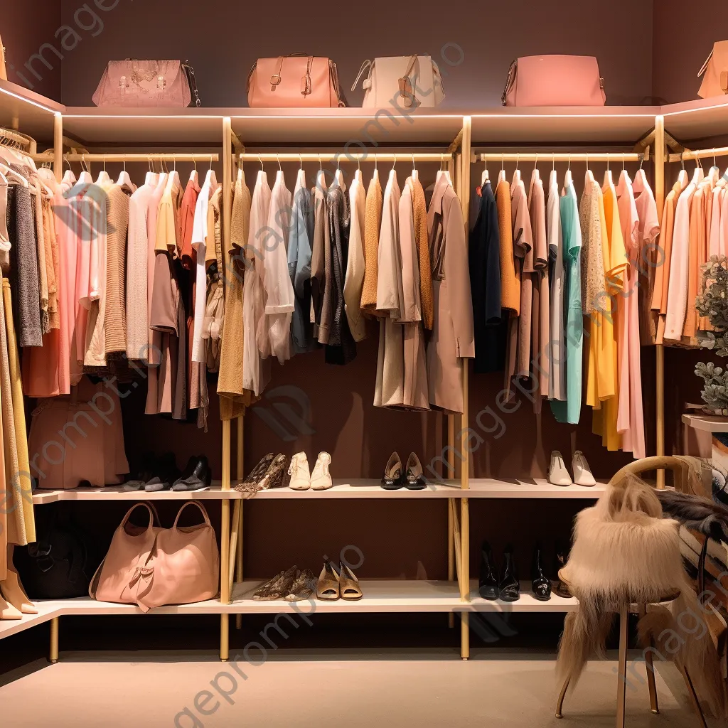 Organized clothing on hangers in a boutique with warm lighting. - Image 1