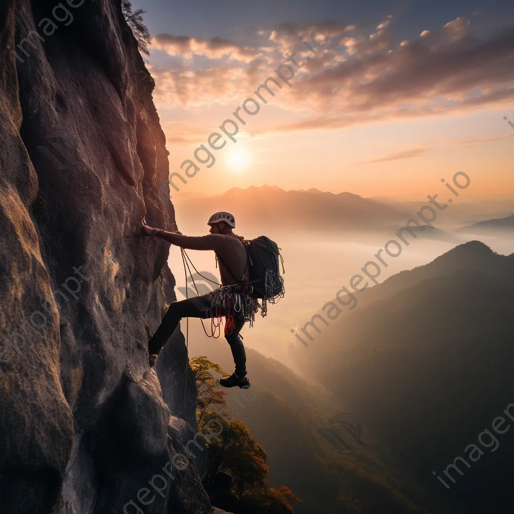 Climber reaching summit of cliff at sunrise - Image 2