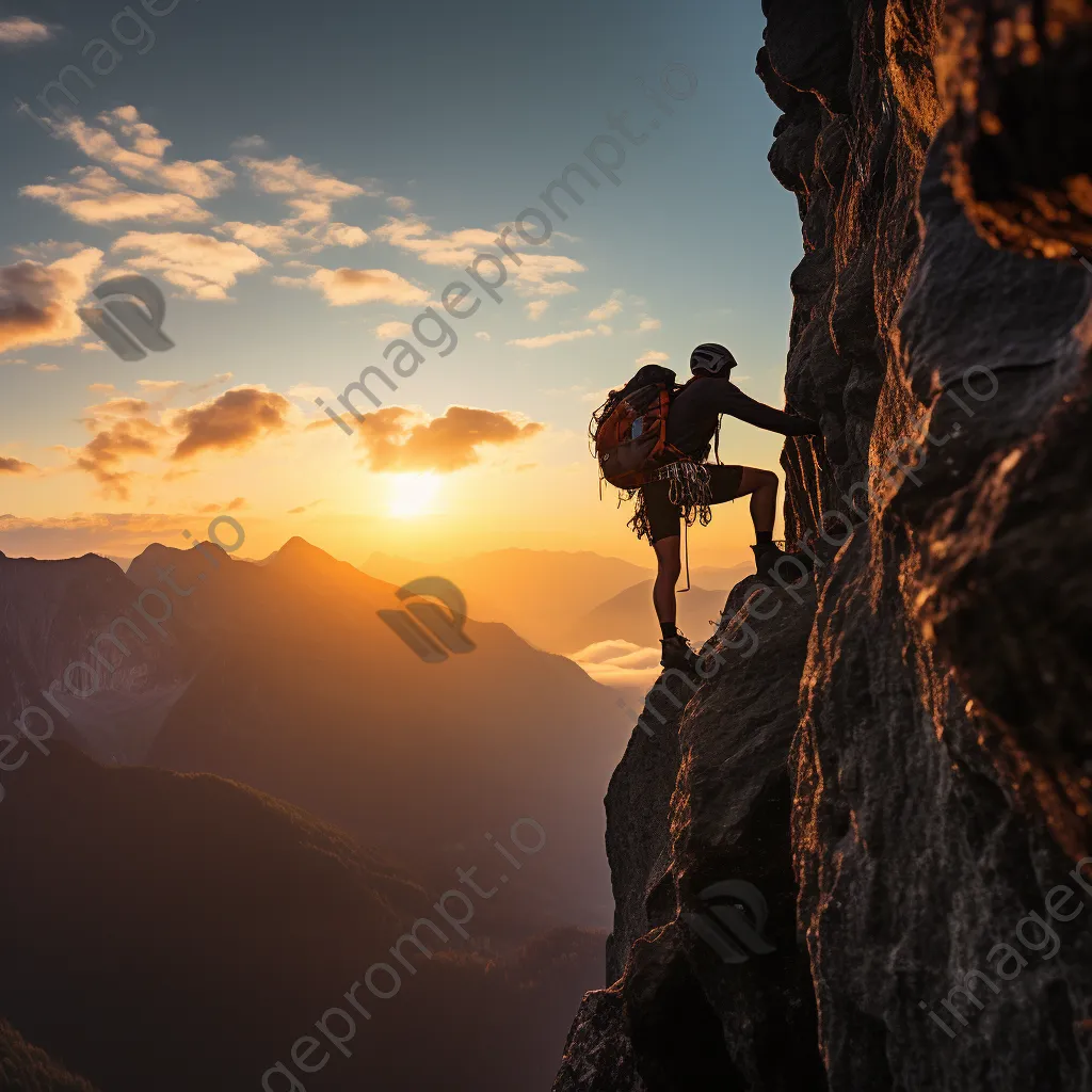 Climber reaching summit of cliff at sunrise - Image 3