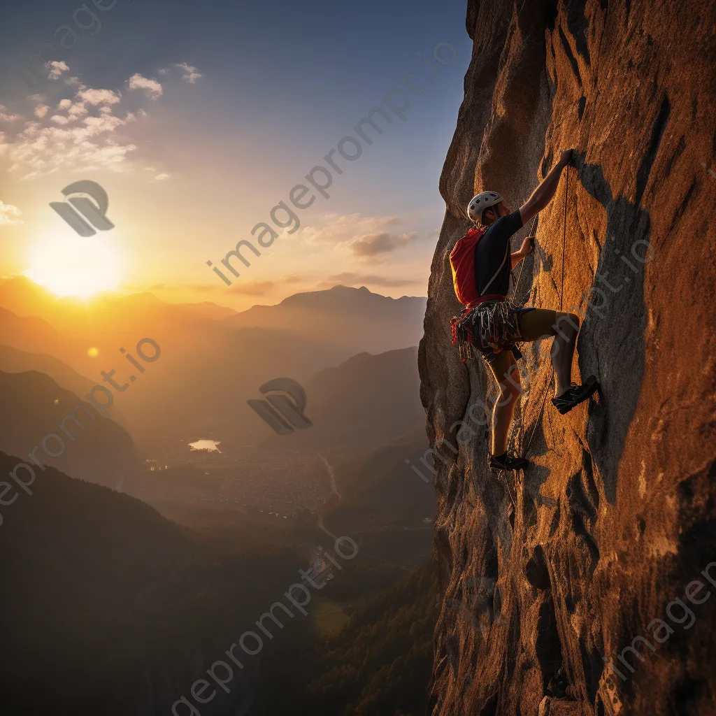 Climber reaching summit of cliff at sunrise - Image 4