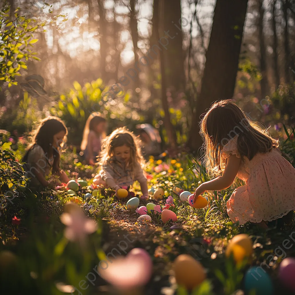 Children hunting for Easter eggs in a sunny flower-filled garden - Image 1