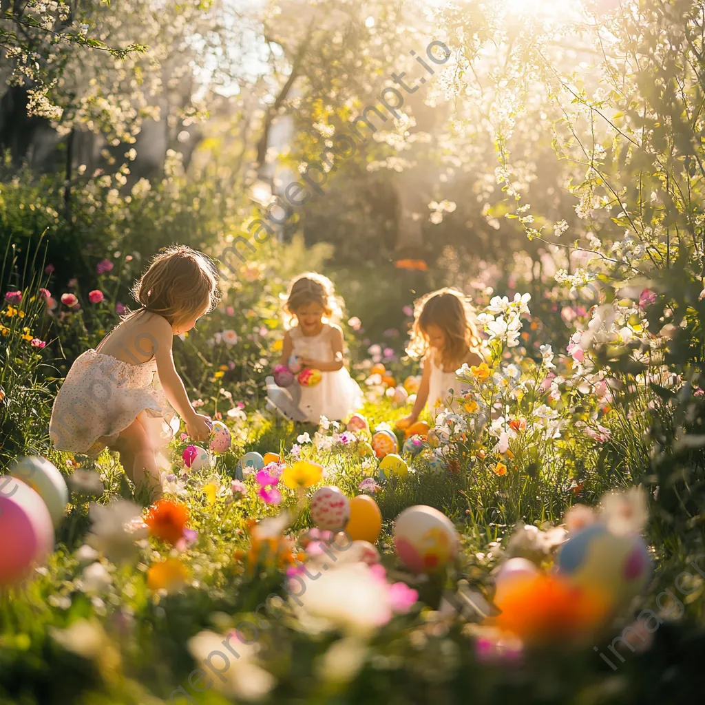 Children hunting for Easter eggs in a sunny flower-filled garden - Image 2