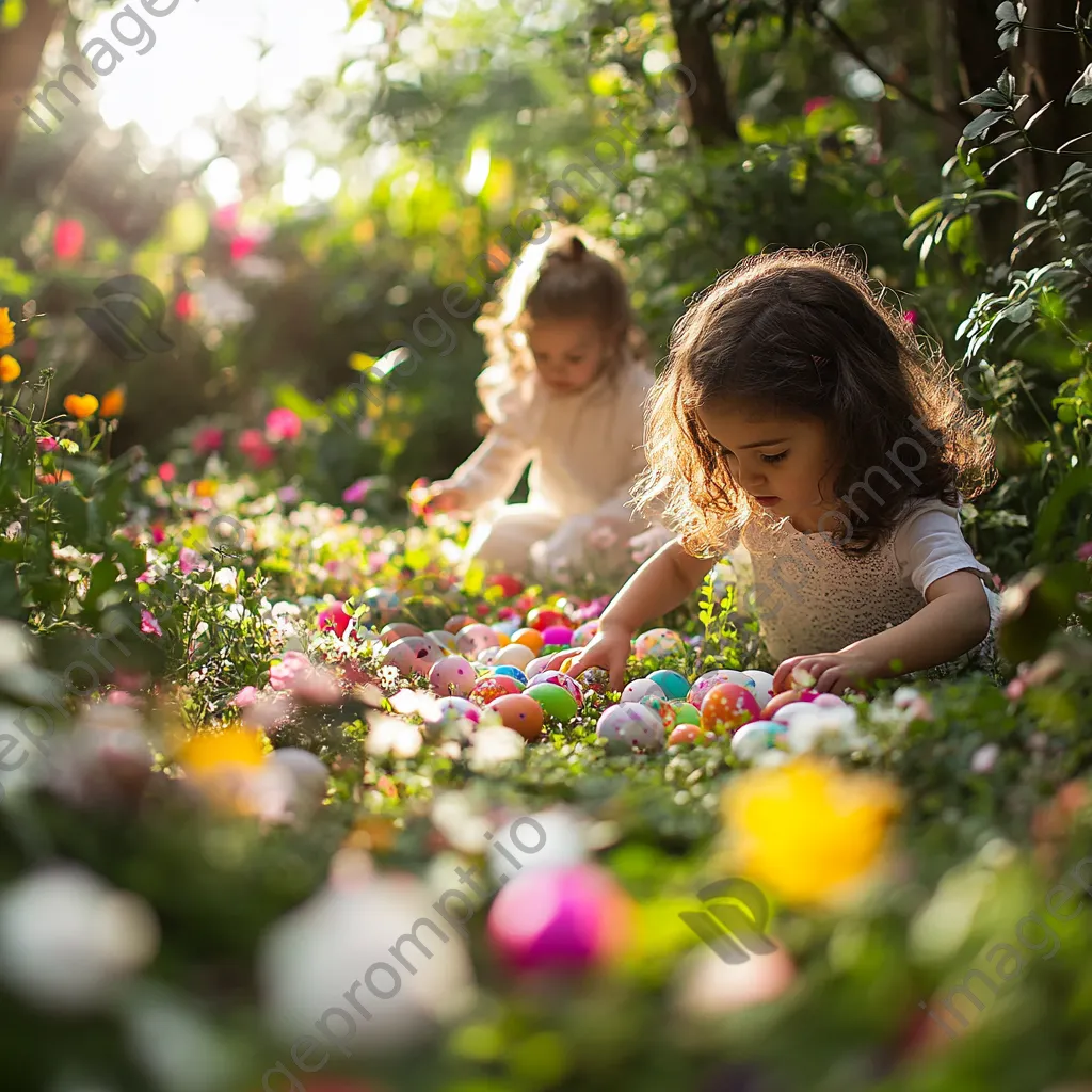 Children hunting for Easter eggs in a sunny flower-filled garden - Image 4