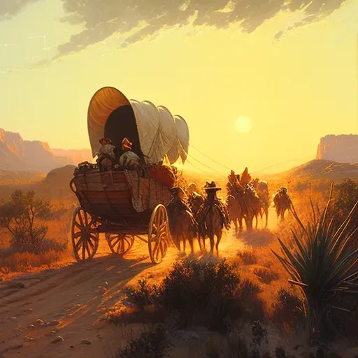 Settlers journeying through wild west with covered wagon at sunset - Image 1