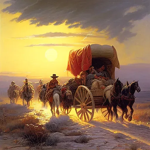 Settlers journeying through wild west with covered wagon at sunset - Image 2