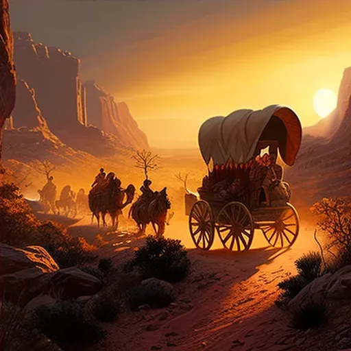 Settlers journeying through wild west with covered wagon at sunset - Image 4