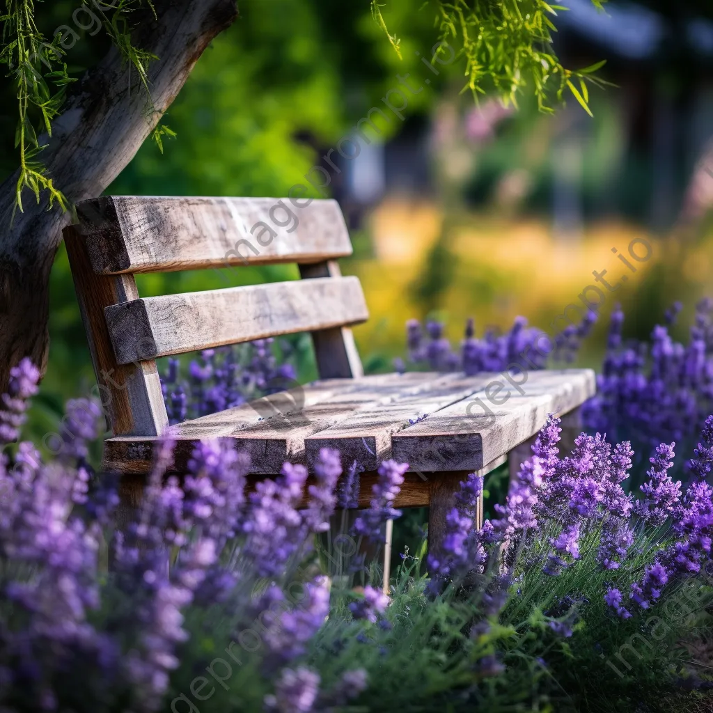 Rustic wooden bench amidst blooming lavender flowers. - Image 1