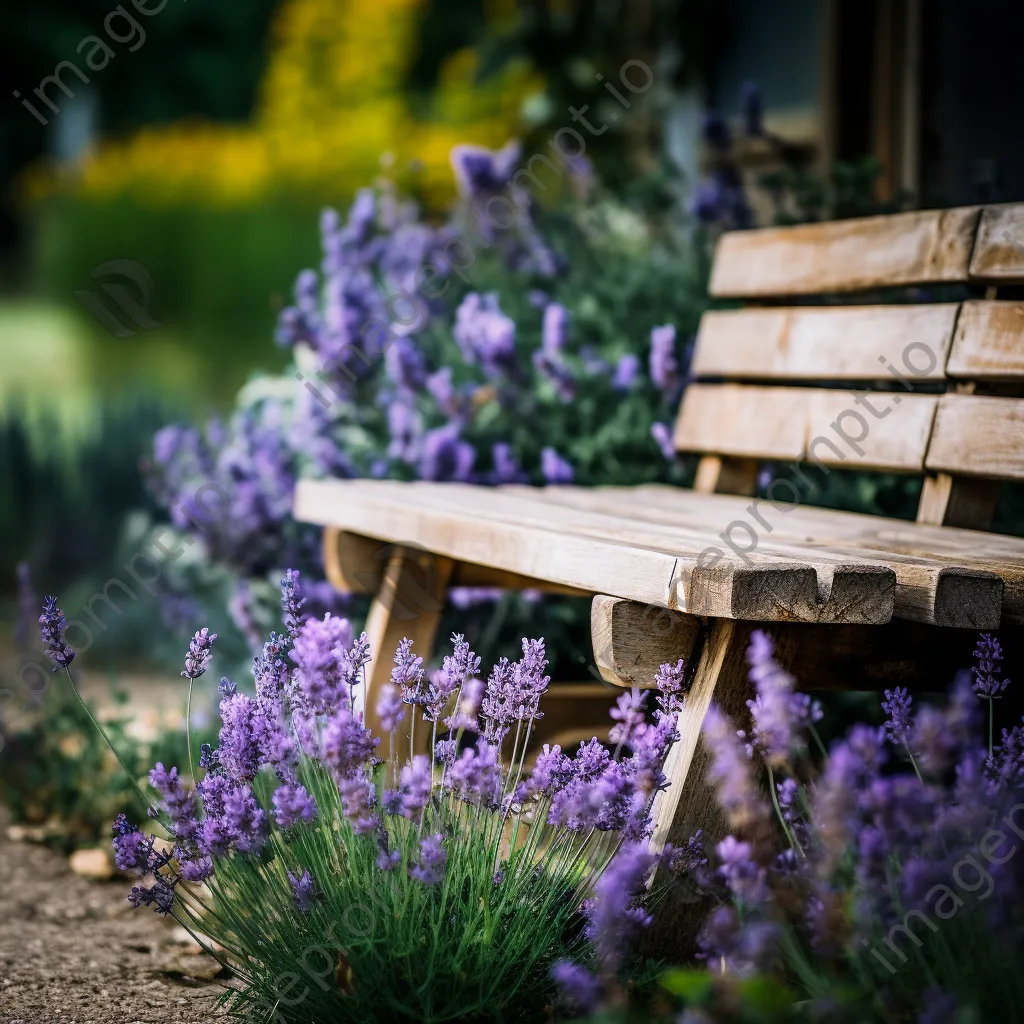 Rustic wooden bench amidst blooming lavender flowers. - Image 2