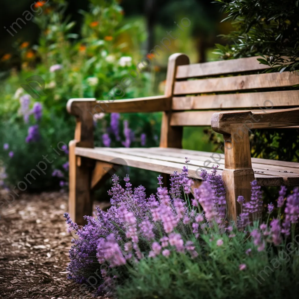 Rustic wooden bench amidst blooming lavender flowers. - Image 3