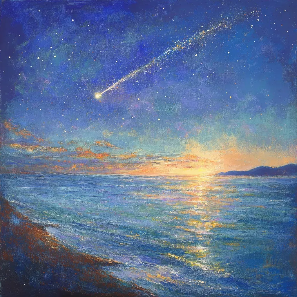 Meteor shower lighting up a serene seascape, painted in soothing pastel shades - Image 3