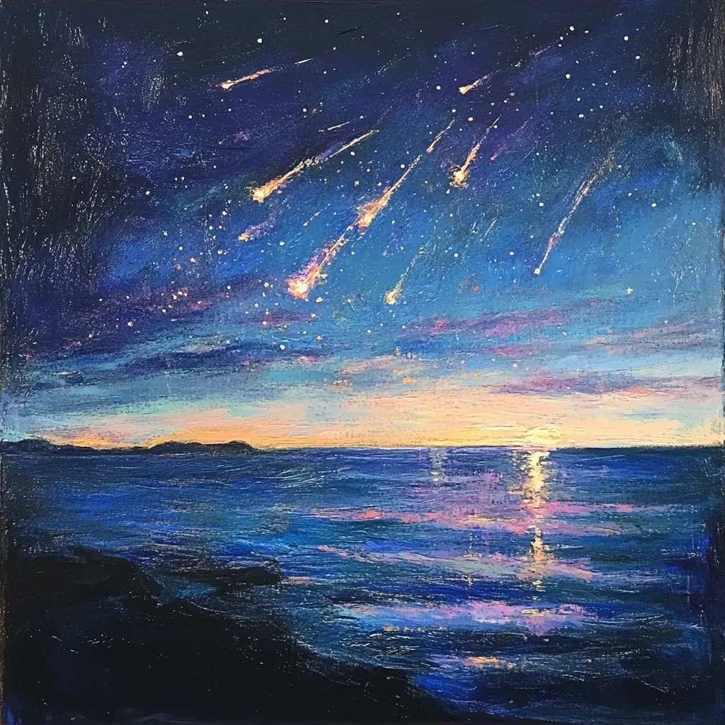 Meteor shower lighting up a serene seascape, painted in soothing pastel shades - Image 4