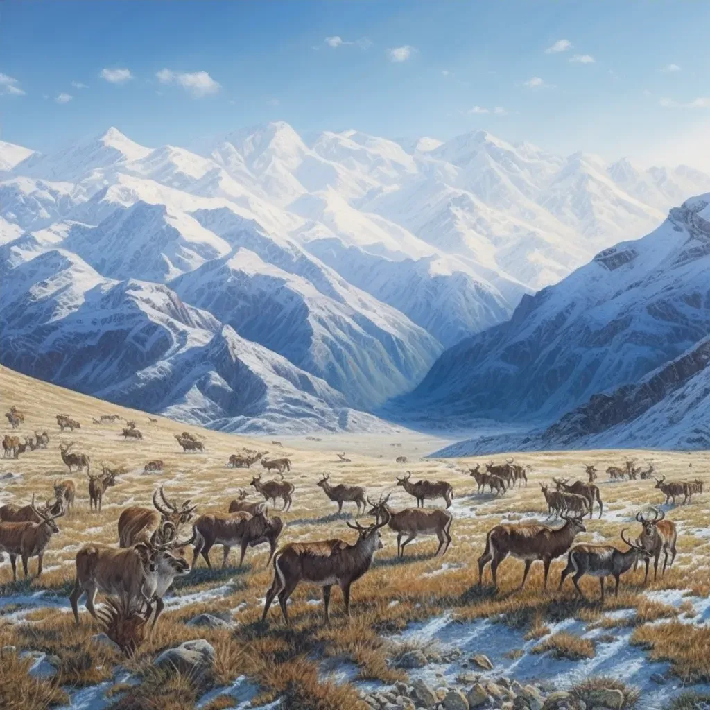 View of a snow-capped mountain range with deer grazing in the valley under a clear blue sky - Image 4