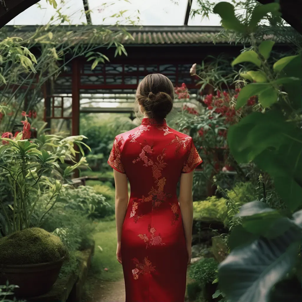 Chinese qipao dress in tea house garden - Image 1