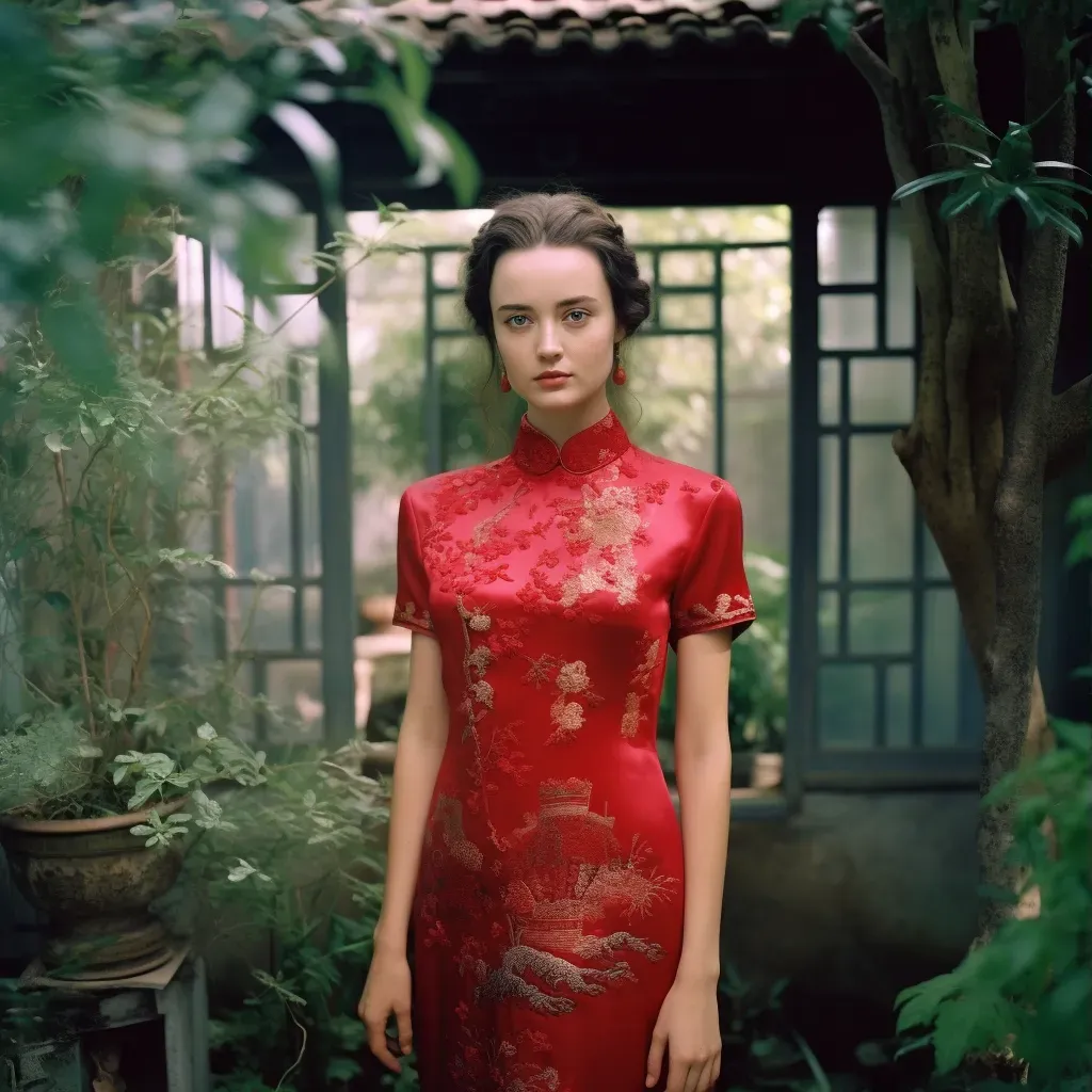 Chinese qipao dress in tea house garden - Image 3