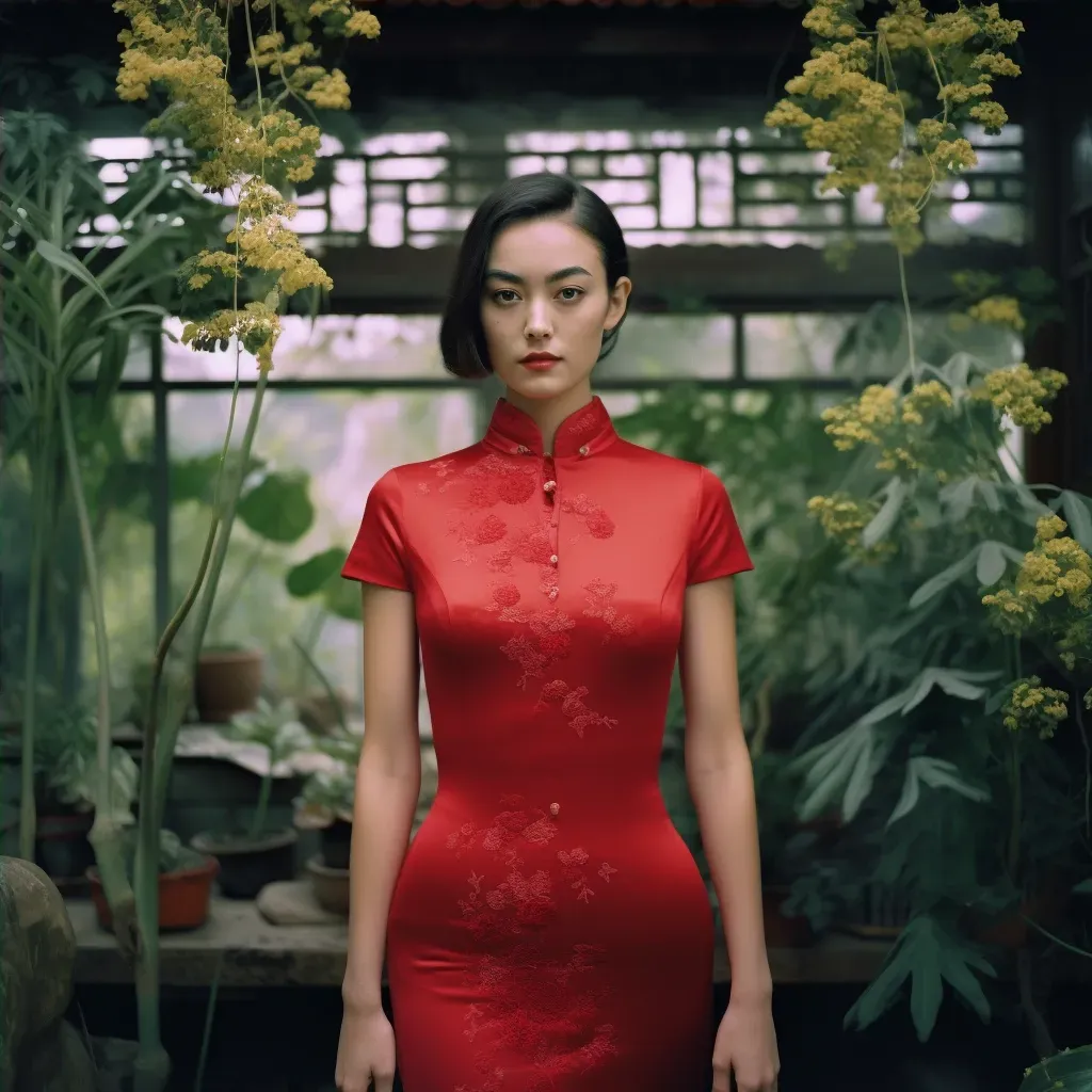 Chinese Qipao Dress in Tea House Garden