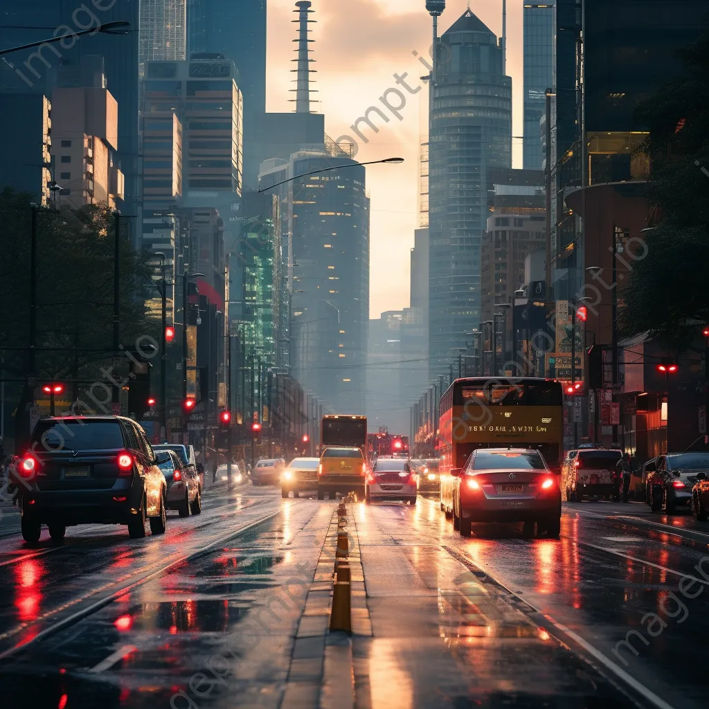 Urban street scene with digital grids between skyscrapers at dusk, photographed with a Fujifilm X-T4. - Image 1