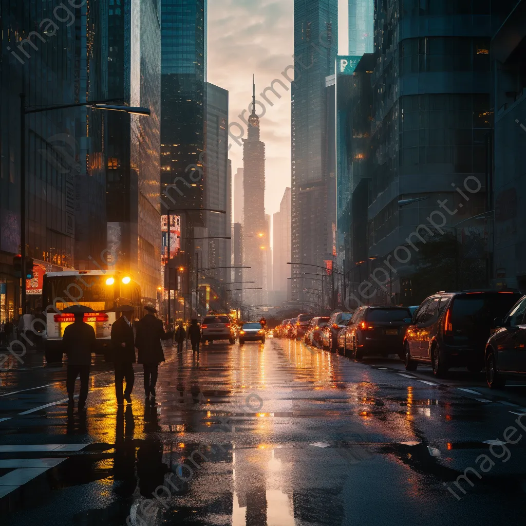 Urban street scene with digital grids between skyscrapers at dusk, photographed with a Fujifilm X-T4. - Image 2