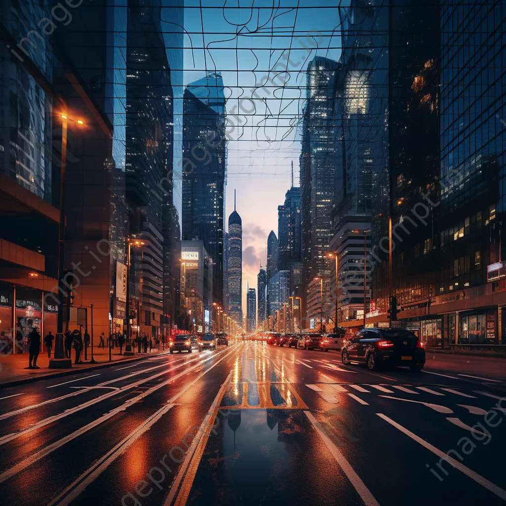 Urban street scene with digital grids between skyscrapers at dusk, photographed with a Fujifilm X-T4. - Image 3