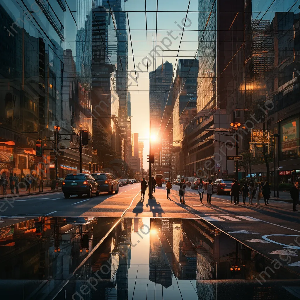 Urban street scene with digital grids between skyscrapers at dusk, photographed with a Fujifilm X-T4. - Image 4