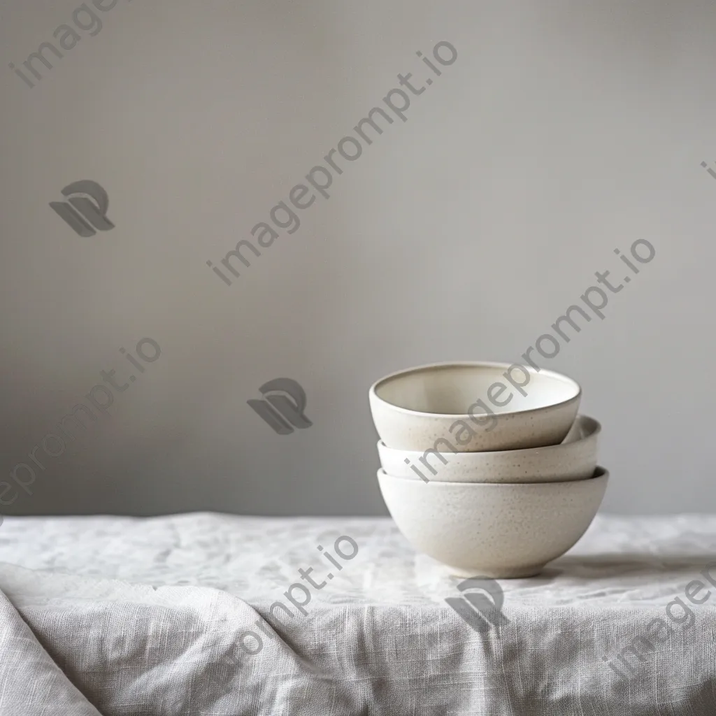 Empty ceramic bowls stacked on linen tablecloth - Image 1