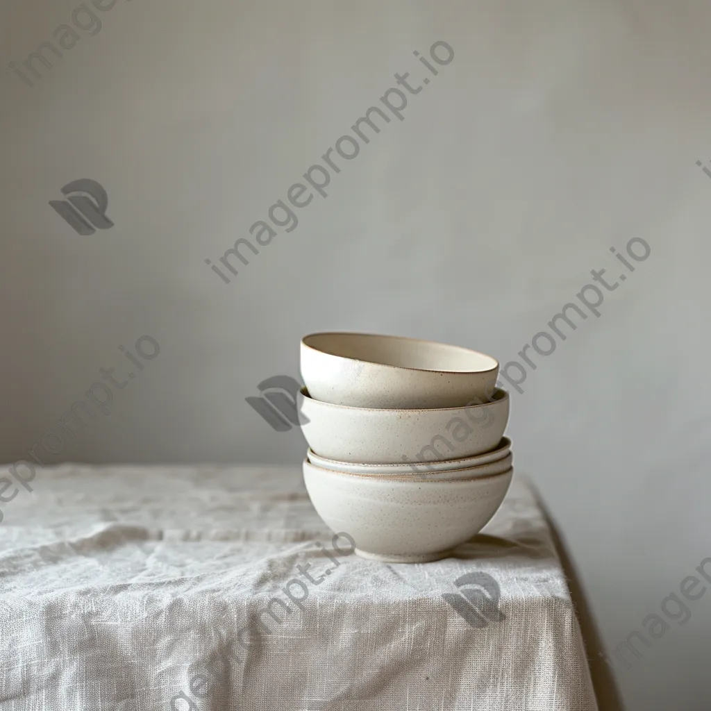 Empty ceramic bowls stacked on linen tablecloth - Image 2