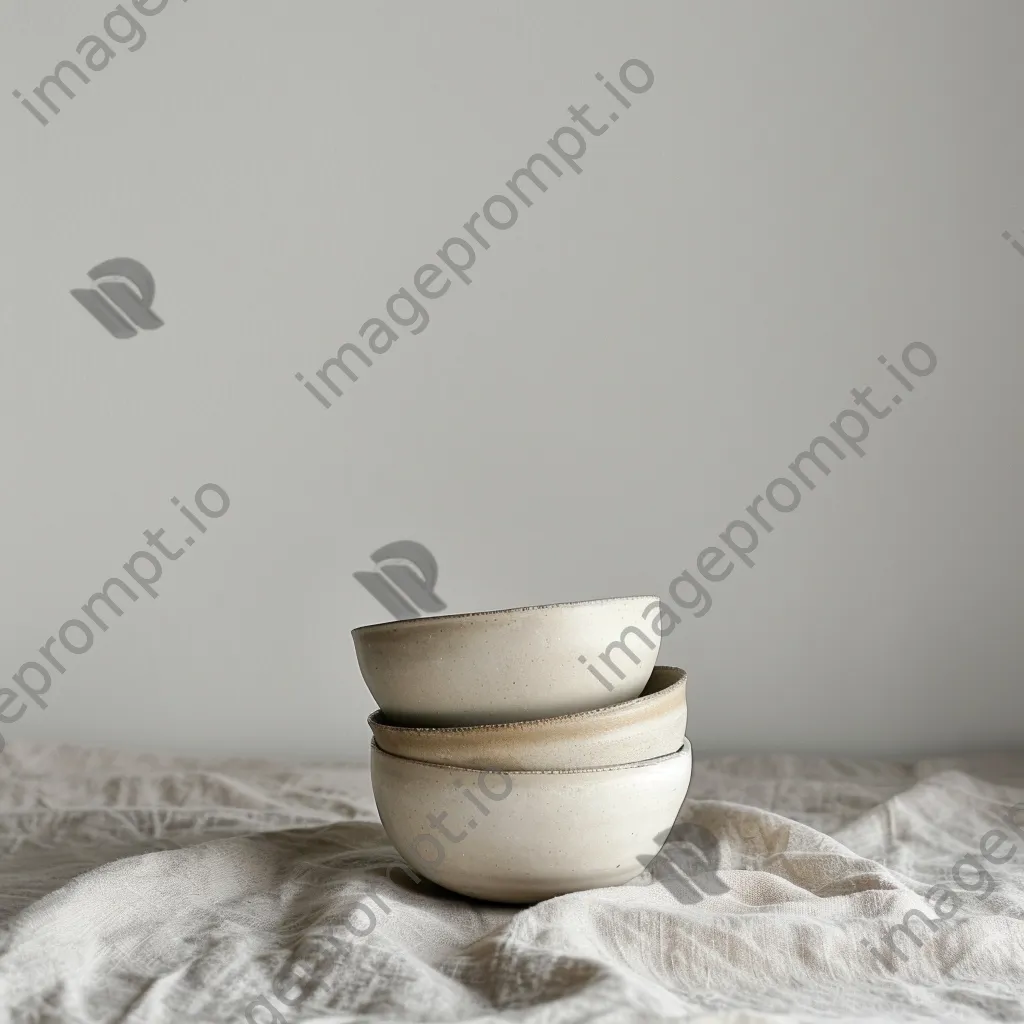 Empty ceramic bowls stacked on linen tablecloth - Image 3