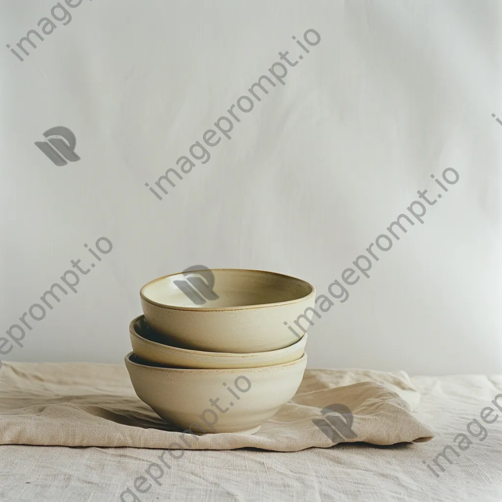 Empty ceramic bowls stacked on linen tablecloth - Image 4