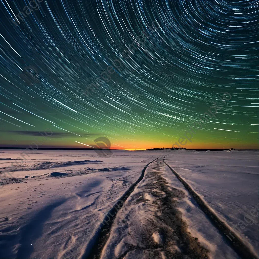 Star trails cascading over a remote icy tundra with Aurora Borealis - Image 1