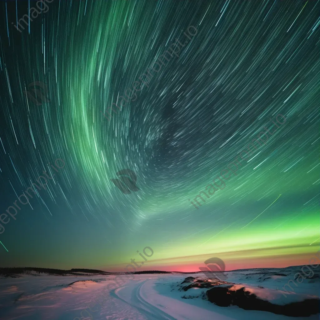 Star trails cascading over a remote icy tundra with Aurora Borealis - Image 3