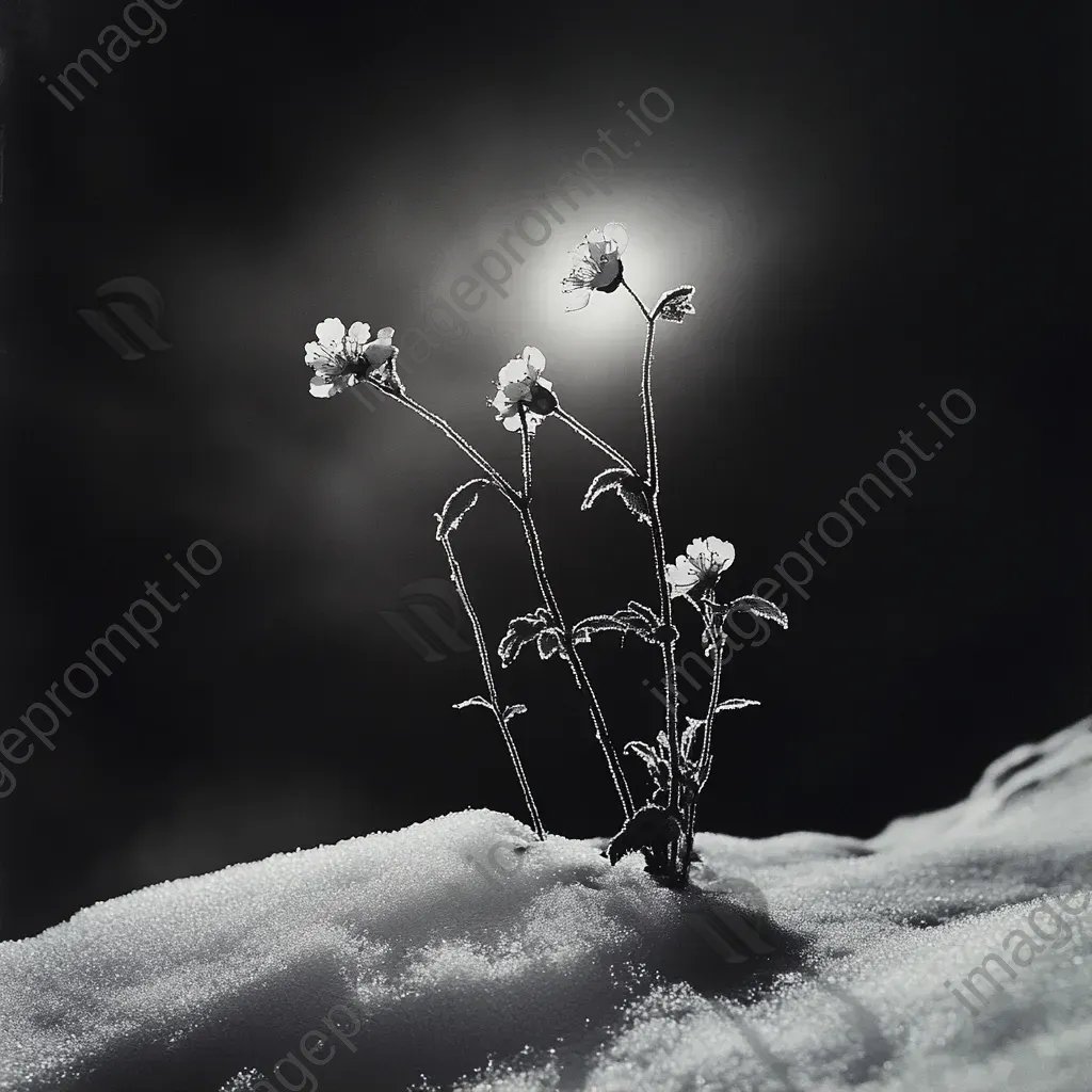 Black and white photograph of a snow-covered sundew plant against a dark Arctic backdrop - Image 1