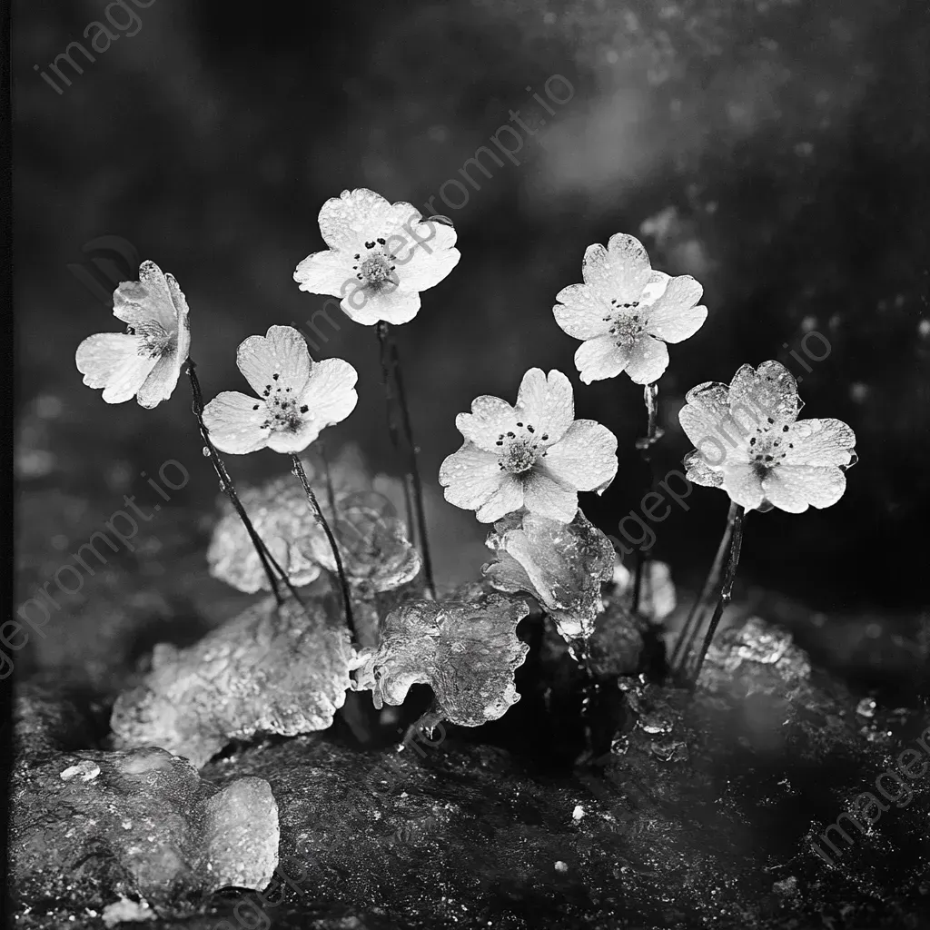 Black and white photograph of a snow-covered sundew plant against a dark Arctic backdrop - Image 2