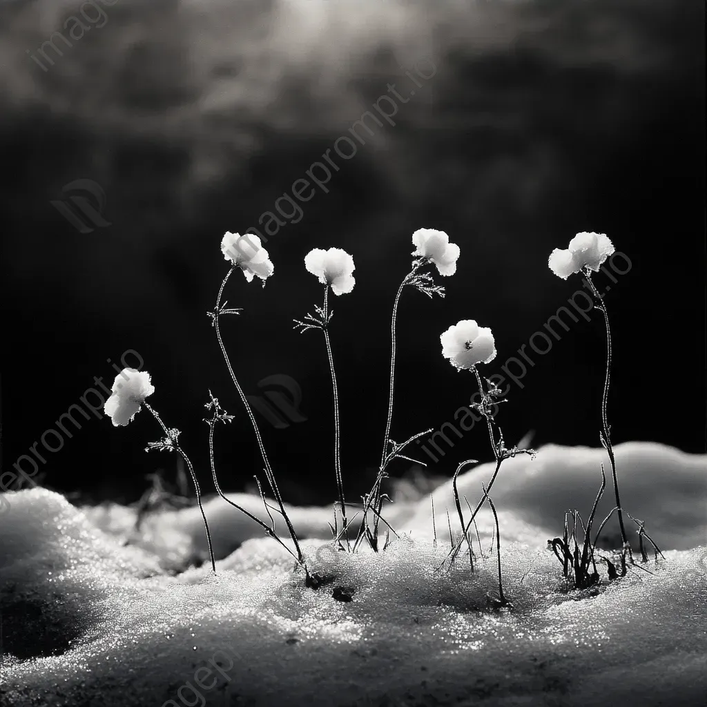 Black and white photograph of a snow-covered sundew plant against a dark Arctic backdrop - Image 3