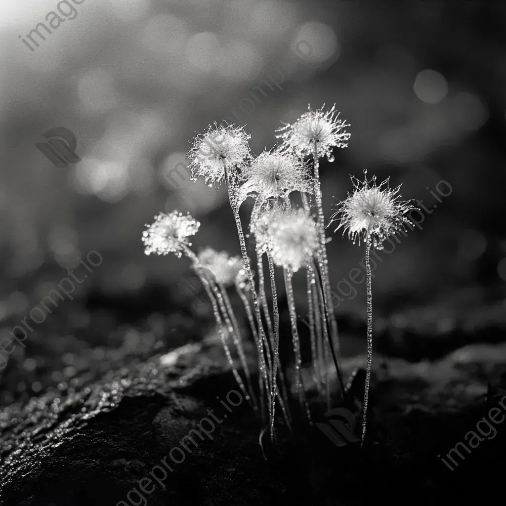 Black and white photograph of a snow-covered sundew plant against a dark Arctic backdrop - Image 4