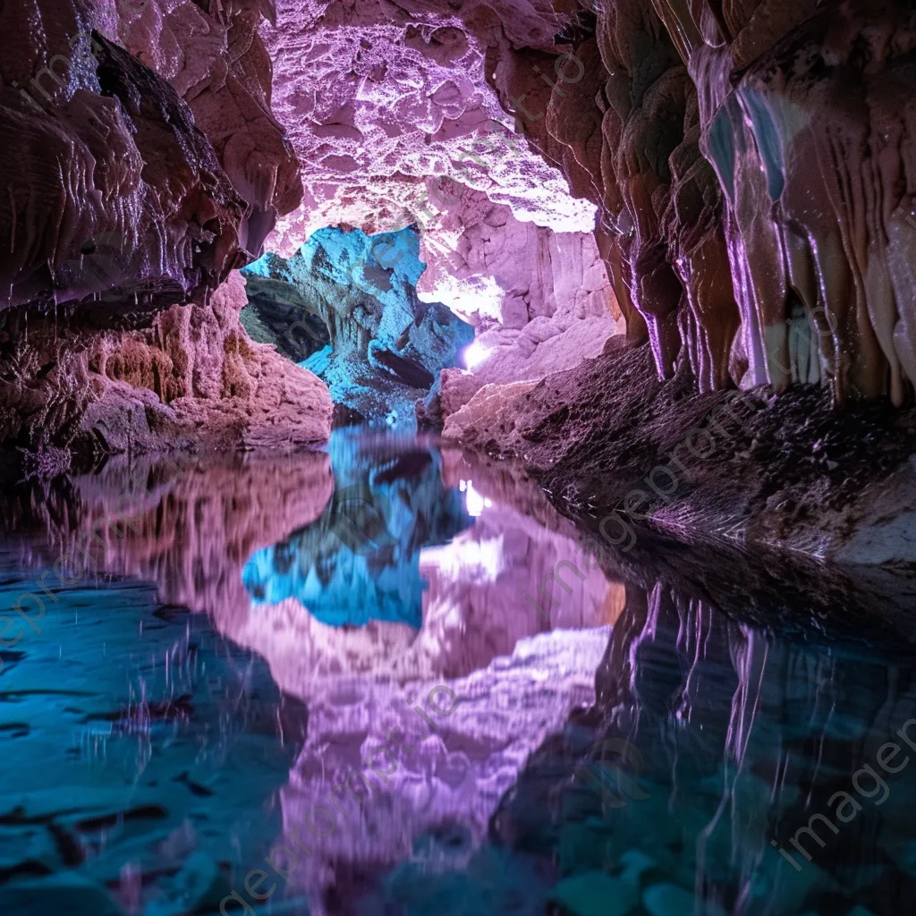 Illuminated grotto with glowing crystals and a reflective pool of water - Image 1