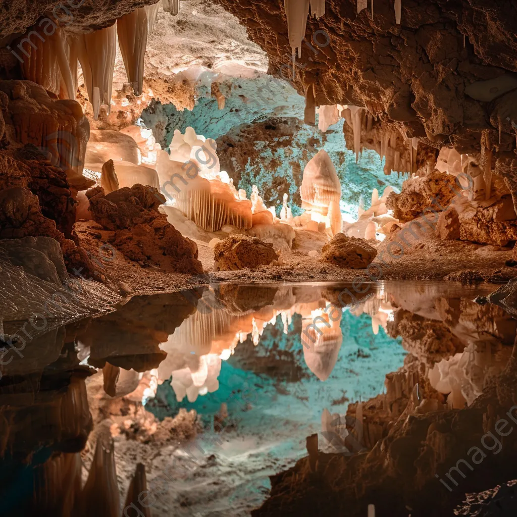 Illuminated grotto with glowing crystals and a reflective pool of water - Image 2