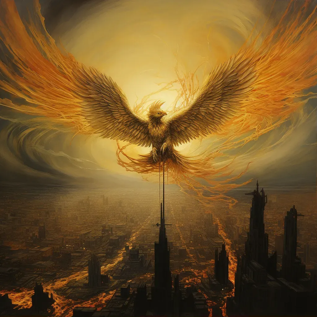 Illustration of a golden phoenix flying over a burning city - Image 1